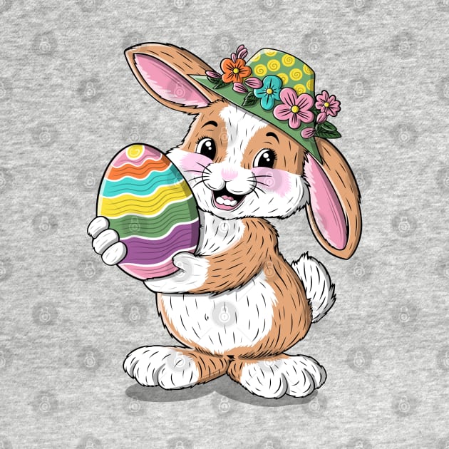 Cute bunny illustration in floral hat and big colorful egg by ilhnklv